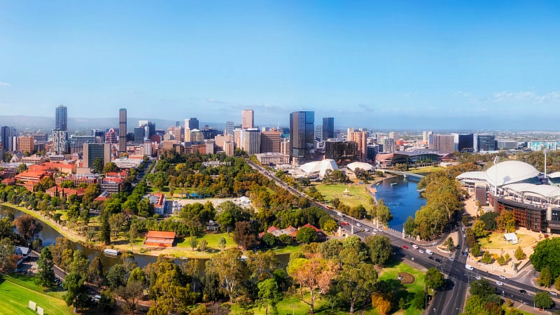 An aerial view of the Adelaide city skyline and the Adelaide Riverbank precinct in South Australia.
