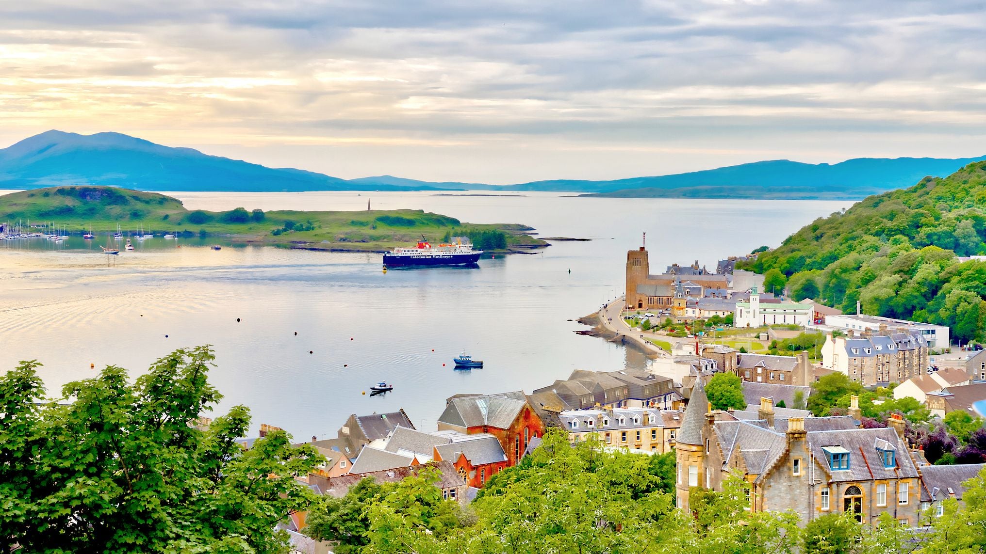 A moody view from a hill in the port town of Oban, Scotland