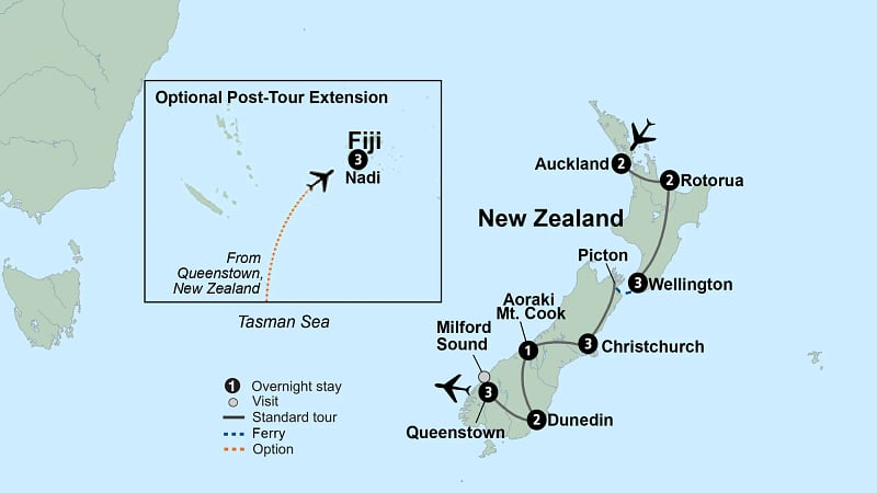 Map of New Zealand's Wonders Tour 2026