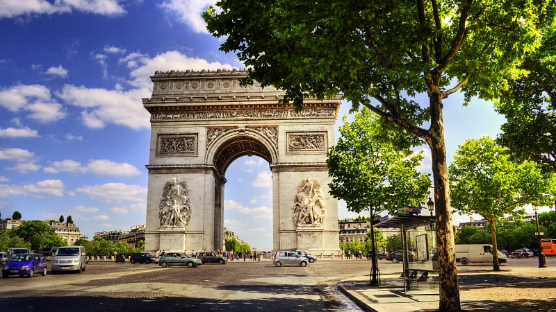 the Arc de Triomphe, one of the most famous national landmarks in Paris, France.