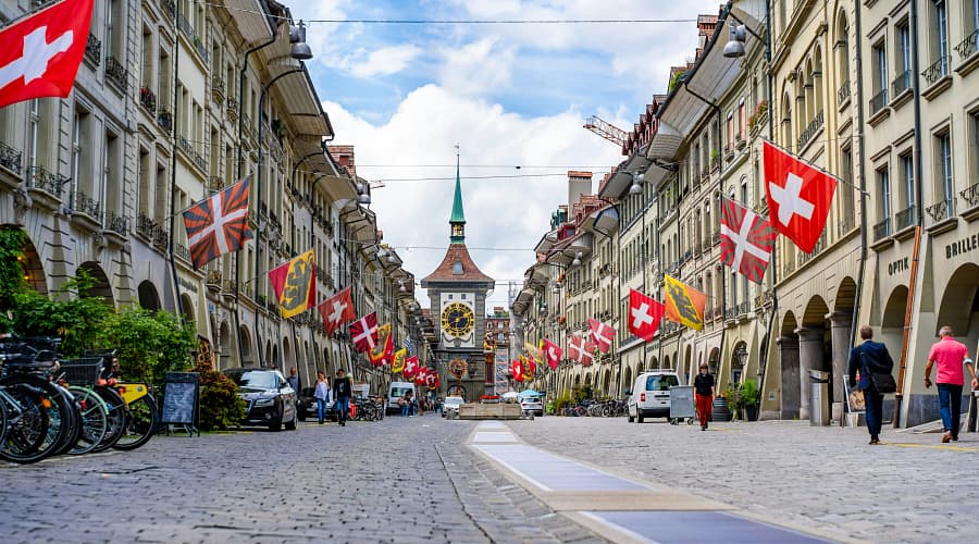 Kramgasse, a famous street located in the heart of the Old City of Bern, Switzerland, which is recognized as a UNESCO World Heritage Site.