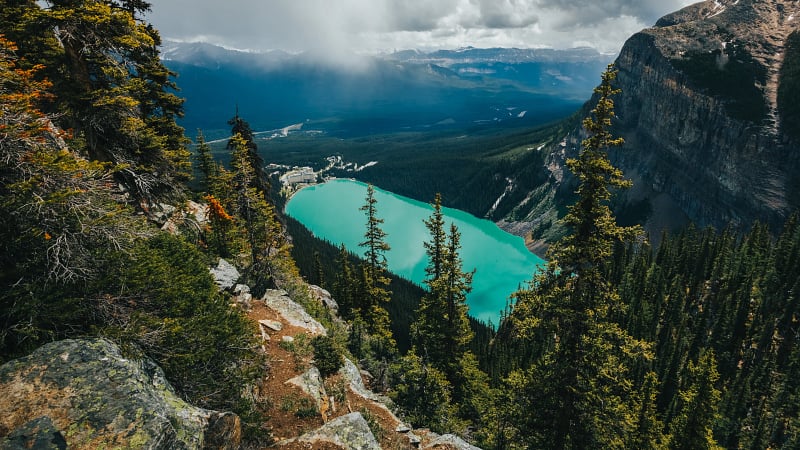 Lake Louise viewed from high above on the Big Beehive trail. This iconic location is nestled within Banff National Park in Alberta, Canada.