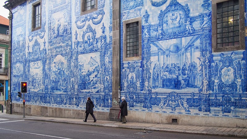 Pavement next to the tile wall of the Chapel of Souls (Capela das Almas), Porto, Portugal