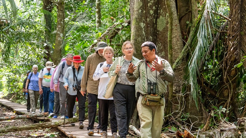 Tour guide walking through the Amazon in Peru