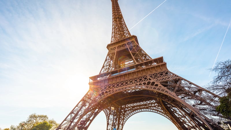 the Eiffel Tower, a world-famous wrought-iron lattice tower located in Paris, France.