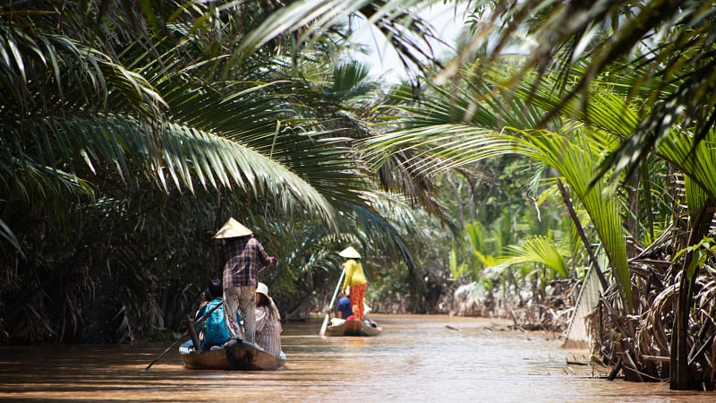 Sampan boats cruising the waterways of the Mekong Delta in Vietnam