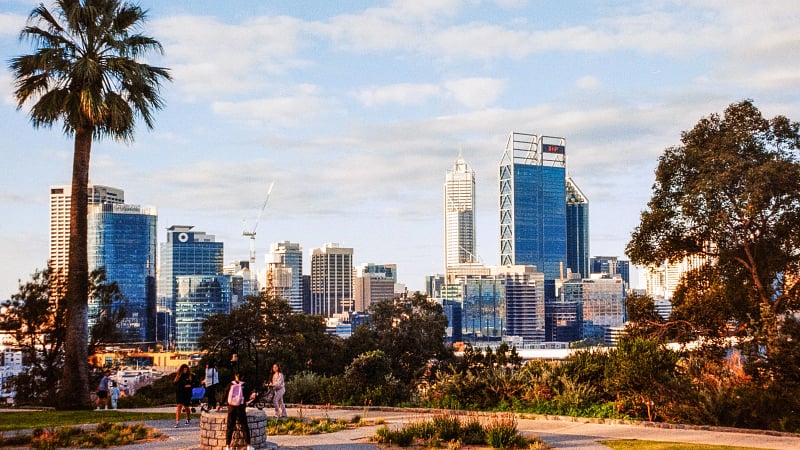 The Perth city skyline as viewed from the iconic Kings Park and Botanic Garden in Western Australia.