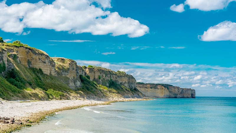 Omaha Beach in Normandy, France, a pivotal site during the World War II D-Day landings.