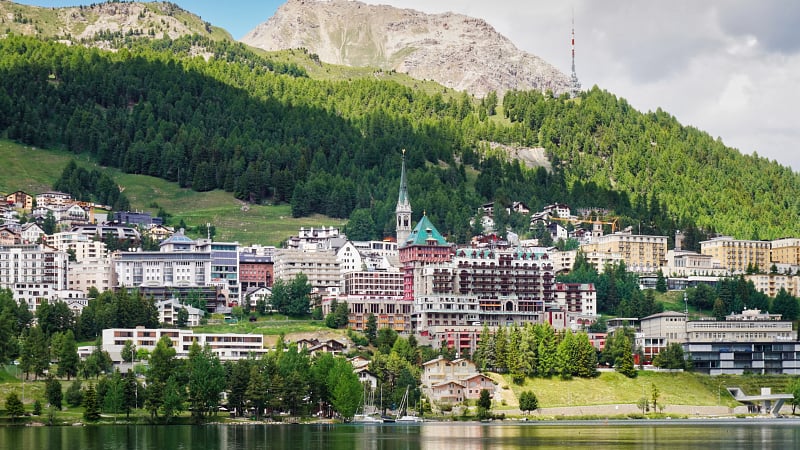 St. Moritz Dorf, a world-famous luxury alpine resort town located in the Engadin valley of Switzerland.