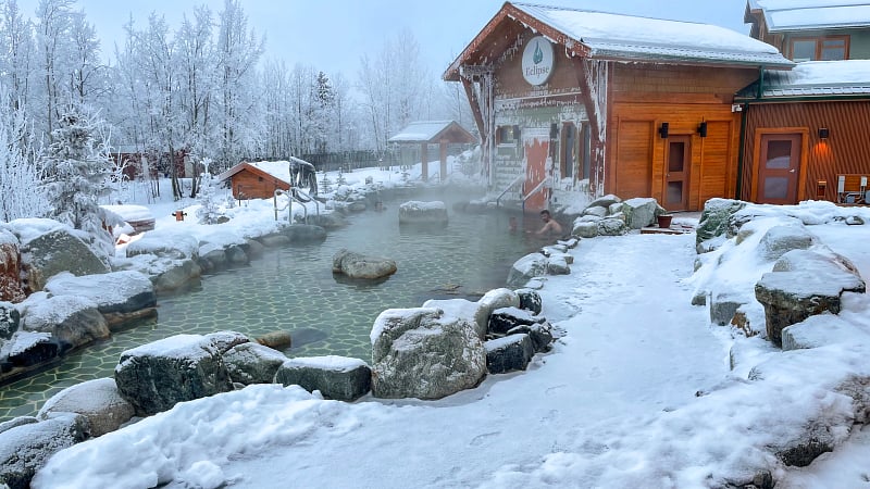 The Eclipse Nordic Hot Springs, a wellness destination located on the historic Takhini Hot Springs site in Whitehorse, Yukon, Canada.
