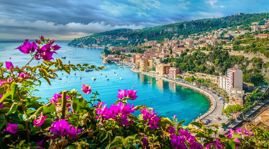 view of Villefranche-sur-Mer, a picturesque coastal town located on the French Riviera (Côte d'Azur) in southeastern France.