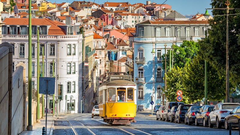 tram on line 28 in lisbon, portugal
