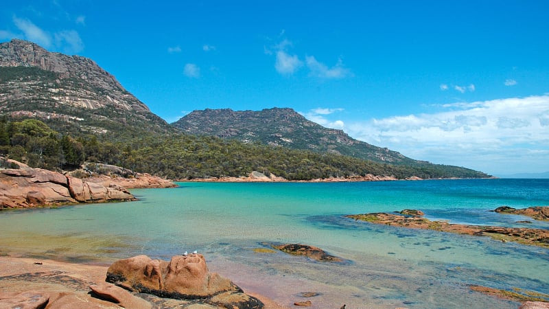Honeymoon Bay, a popular secluded cove located within Freycinet National Park on the east coast of Tasmania, Australia.