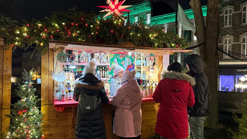 Festive wooden kiosk booth at a Christmas market in Montreal, Canada.
