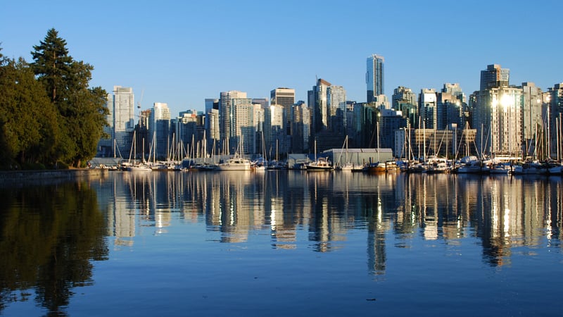 The downtown Vancouver skyline in British Columbia, Canada, as seen from the eastern seawall of Stanley Park.