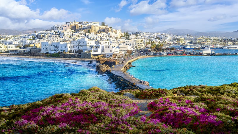 Panorama of Naxos Chora town, Naxos island, Greece Cyclades