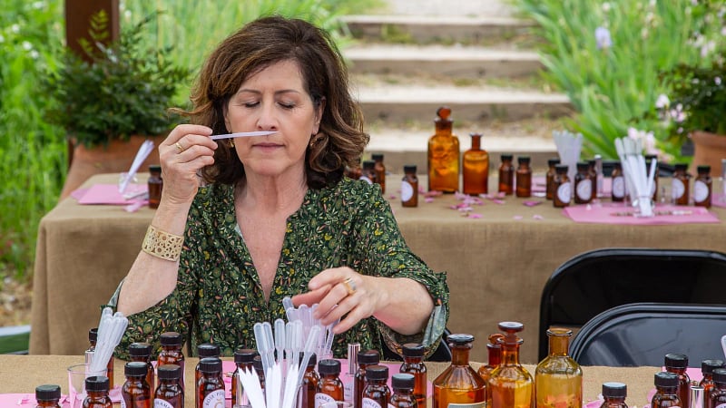 perfume-making workshop, where a woman is custom-blending her own botanical scent.