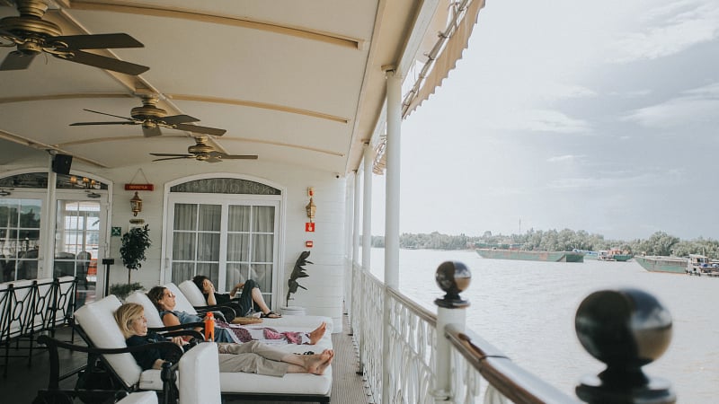 The open-air Observation Deck (or Sundeck) of the luxury river cruise ship, the RV Mekong Princess.