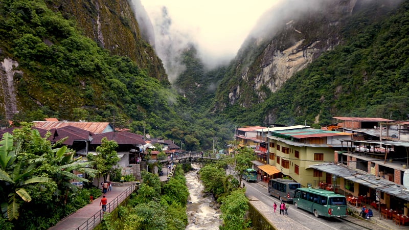 view of Aguas Calientes, also known as Machu Picchu Pueblo, located in the Urubamba River Valley of Peru.