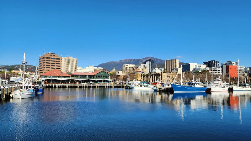 The historic Hobart Waterfront and Constitution Dock in Hobart, the capital city of Tasmania, Australia.