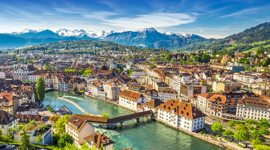 Aerial panorama of Lucerne (Luzern), Switzerland, a historic city renowned for its medieval architecture and breathtaking Alpine backdrop.