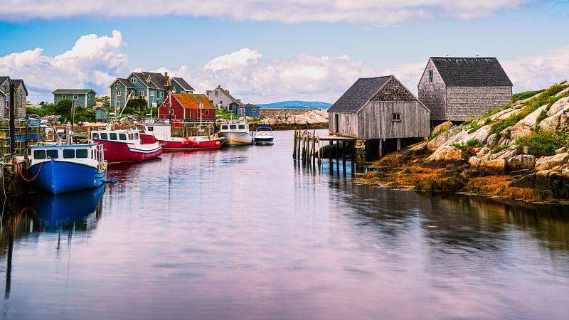 The harbor of Peggy's Cove, a famous and active fishing village located along the eastern shore of St. Margaret's Bay in Nova Scotia, Canada.