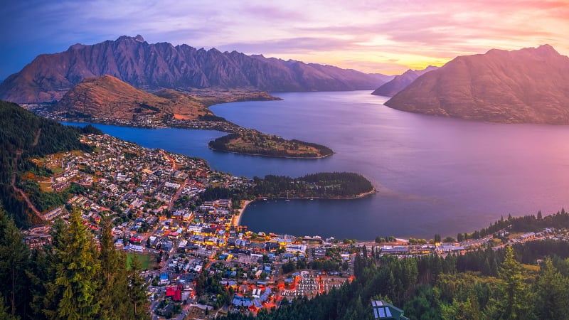 Aerial view of Queenstown downtown at twilight sunset, South Island, New Zealand