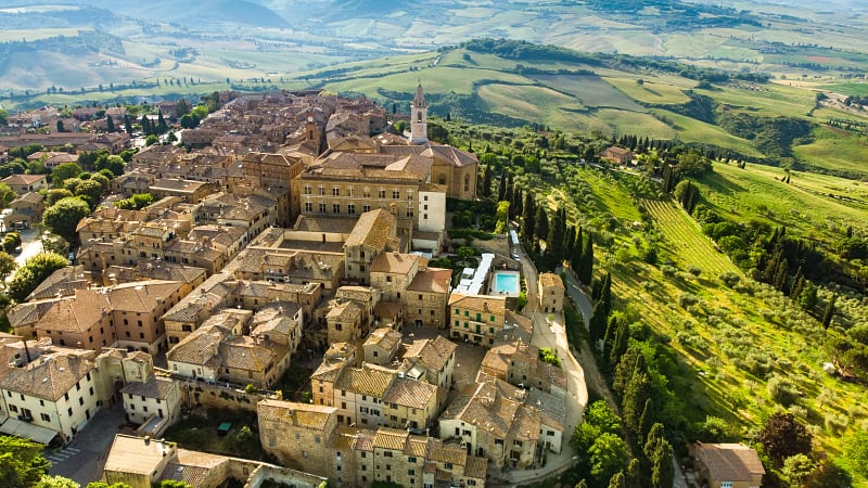 Aerial view of Pienza, a village located in the beautiful Tuscany valley