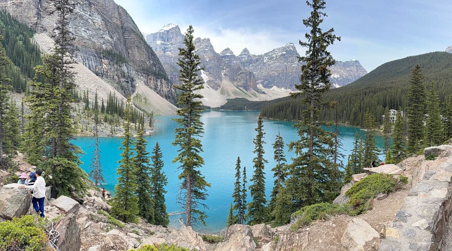 Moraine Lake, a world-famous glacially fed alpine lake located in Banff National Park, Alberta, Canada.