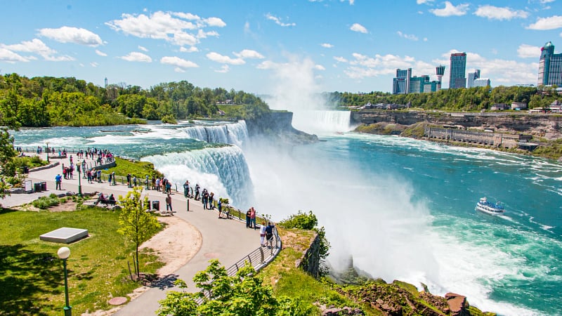 Niagara Falls, one of the most famous and powerful waterfall systems in the world, straddling the international border between the United States and Canada.
