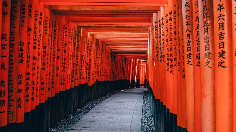 The Senbon Torii (Thousand Torii Gates) at the Fushimi Inari-taisha shrine in Kyoto, Japan.