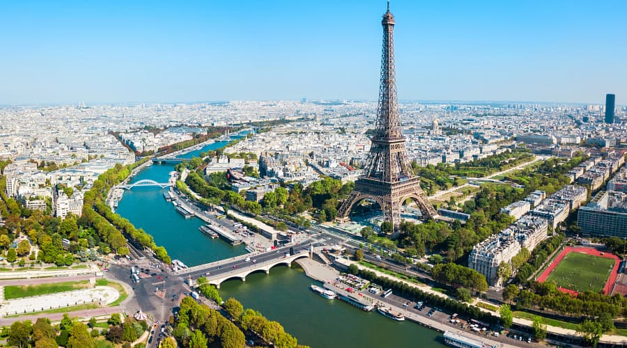 the Eiffel Tower and the surrounding cityscape of Paris, France.