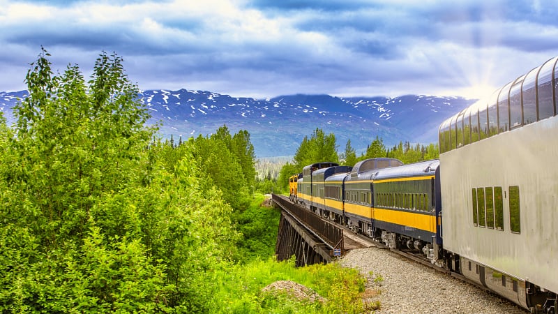 This image captures the Denali Star Train, which is the flagship passenger train of the Alaska Railroad.