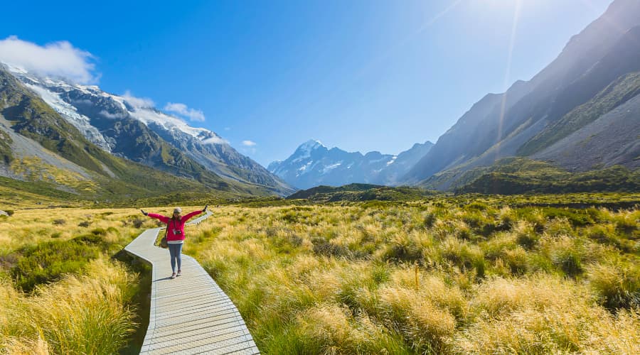 Traveller at Mt. cook national park in New Zealand, Summertime.