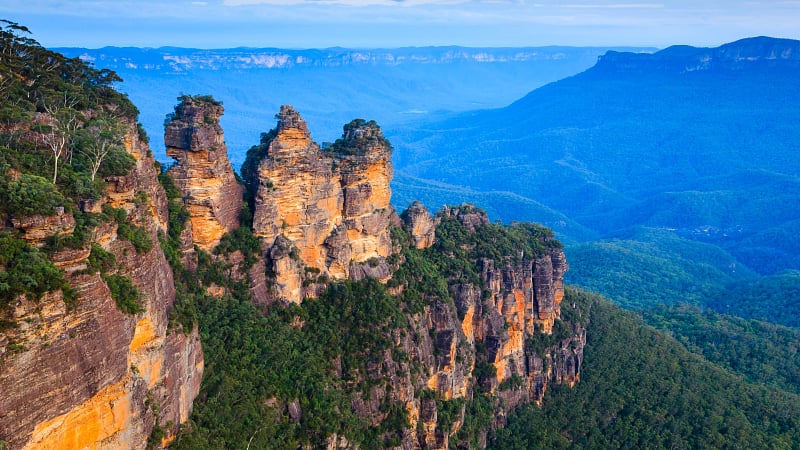 The Three Sisters, an iconic sandstone rock formation situated in the Blue Mountains National Park of New South Wales, Australia.