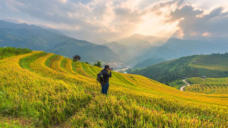 Photography take a photo at rice fields on terraced of Vietnam
